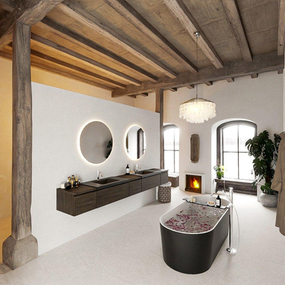 MONDIAZ BUKLA 280cm badmeubel met module 40 kleur Dark Brown met 5 lades. Wastafel CLOUD dubbel 2 kraangaten kleur Urban.