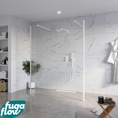 FugaFlow Eccelente Vetro Vrijstaande inloopdouche badkamer - 160x200cm - Helder - antikalk - 8mm veiligheidsglas - 2 zijwanden 40cm - met wandarmen en hoekprofielen - Wit mat -