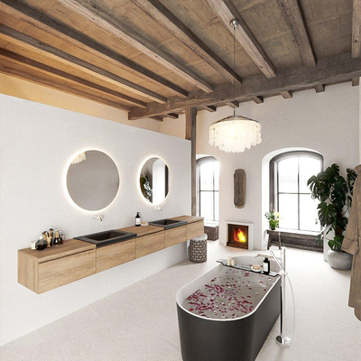 MONDIAZ BUKLA 300cm badmeubel met module 60 kleur Washed Oak met 5 lades. Wastafel CLOUD dubbel 0 kraangaten kleur Urban.