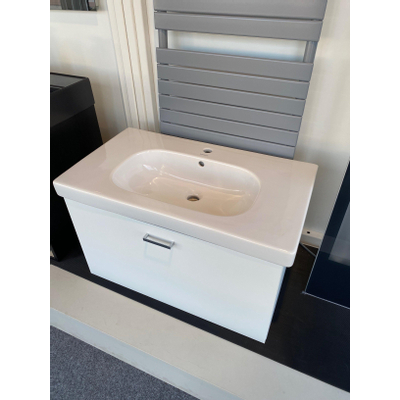 Duravit D code meubelwastafel 85x48 cm. 1x kr.gat m overloop wit Duravit XBase Wastafelonderkast 80x45.8x44.8cm 1 lade Standaard greep met softclose spaanplaat wit Mat OUTLET