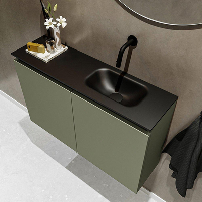 MONDIAZ TURE Fonteinset - 80x23x50cm - 0 kraangaten - 2 deuren - army mat - Wasbak rechts - Solid Surface Zwart