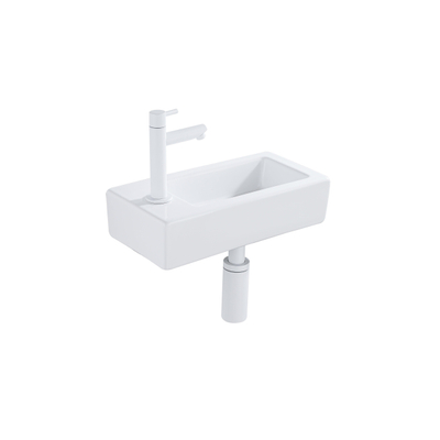 QeramiQ Fuente Fonteinset - 37.5x18.5x9cm - keramiek - kraangat links - fonteinkraan mat wit - afvoerplug - verlaagd sifon - Glans wit