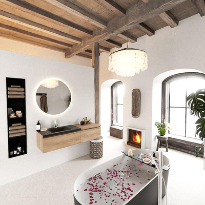 MONDIAZ BUKLA 140cm badmeubel met module 60 kleur Washed Oak met 2 lades. Wastafel CLOUD links 1 kraangat kleur Urban.