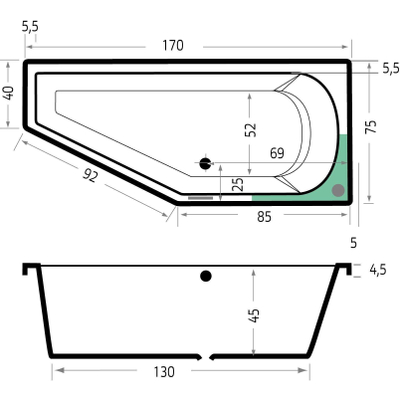 Xenz Lagoon compact ligbad - 170x75cm - met overloop - zonder afvoer - Hoekopstelling rechts - Acryl Antraciet Mat