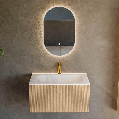 MONDIAZ KURVE 80cm badmeubel kleur Oak met 1 lade. Wastafel BIG SMALL midden 1 kraangat Talc.