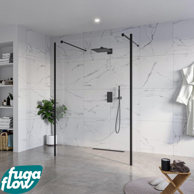 FugaFlow Eccelente Vetro Vrijstaande inloopdouche badkamer - 140x200cm - Helder - antikalk - 8mm veiligheidsglas - 2 zijwanden 40cm - met wandarmen en hoekprofielen - Zwart mat -