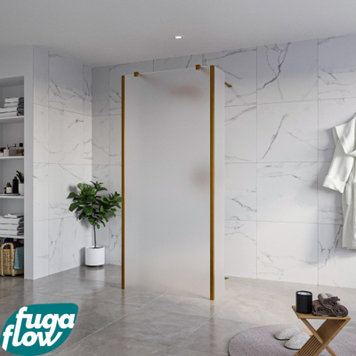 FugaFlow Eccelente Vetro Vrijstaande inloopdouche badkamer - 90x200cm - Glas mat - antikalk - 8mm veiligheidsglas - 2 zijwanden 30cm - met wandarmen en hoekprofielen - Koper geborsteld -