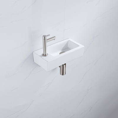 QeramiQ Fuente Fonteinset - 37.5x18.5x9cm - keramiek - kraangat links - fonteinkraan geborsteld RVS - afvoerplug - verlaagd sifon - Glans wit