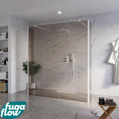FugaFlow Eccelente Vetro Vrijstaande inloopdouche badkamer - 180x200cm - Rookglas - antikalk - 8mm veiligheidsglas - 2 zijwanden 40cm - met wandarmen en hoekprofielen - Wit mat -