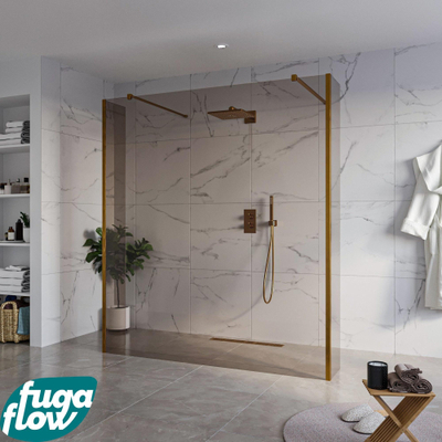 FugaFlow Eccelente Vetro Vrijstaande inloopdouche badkamer - 180x200cm - Rookglas - antikalk - 8mm veiligheidsglas - 2 zijwanden 30cm - met wandarmen en hoekprofielen - Koper geborsteld -