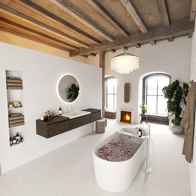 MONDIAZ BUKLA 200cm badmeubel met module 60 kleur Dark Brown met 3 lades. Wastafel CLOUD midden 1 kraangat kleur Talc.