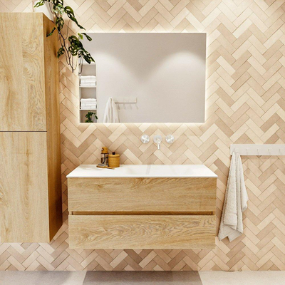MONDIAZ VICA 100cm badmeubel onderkast Washed Oak 2 lades. Wastafel CLOUD rechts zonder kraangat, kleur Talc.