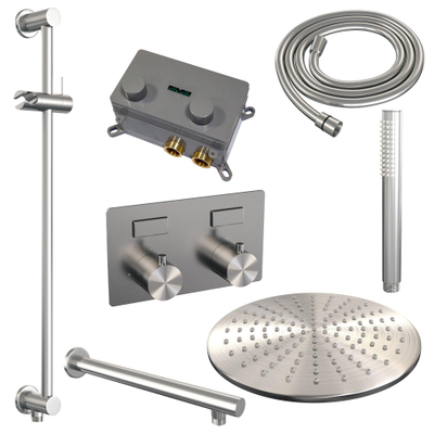 BRAUER Brushed Edition Thermostatische Regendouche inbouw - drukknoppen - SET 62 - 30cm hoofddouche - rechte muurarm - staaf handdouche - doucheslang - geïntegreerde glijstang - RVS geborsteld PVD