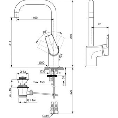 Ideal Standard Tesi wastafelkraan met hoge draaibare uitloop met waste 5l/min chroom