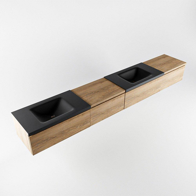 MONDIAZ BUKLA 280cm badmeubel met module 60 links kleur Washed Oak met 4 lades. Wastafel CLOUD dubbel 0 kraangaten kleur Urban.