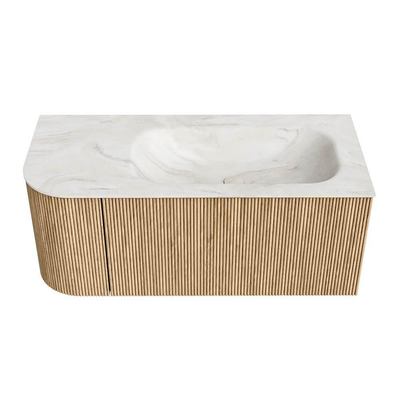 MONDIAZ KURVE-DLUX 105cm badmeubel met module 25 L kleur Oak met 1 lade en 1 deur. Wastafel BIG SMALL rechts 1 kraangat kleur Ostra.