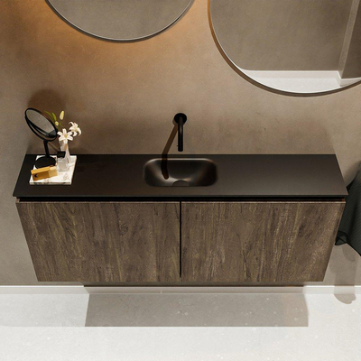 MONDIAZ TURE Fonteinset - 120x23x50cm - 0 kraangaten - 2 deuren - dark brown mat - Wasbak midden - Solid Surface Zwart