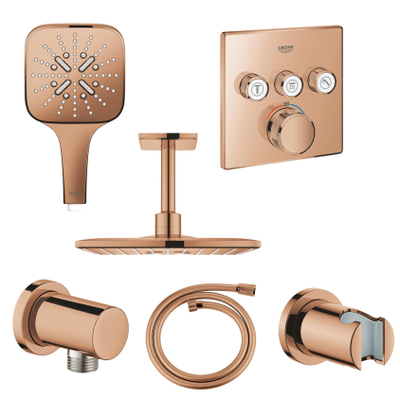 GROHE Rainshower Smartactive Regendoucheset Opbouw -hoofddouche vierkant 31cm - handdouche vierkant - plafondarm - inbouwbox - (glans) warm sunset