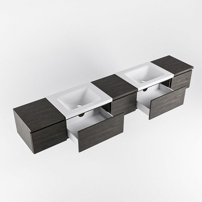 MONDIAZ BUKLA 240cm badmeubel met module 40 kleur Dark Brown met 5 lades. Wastafel CLOUD dubbel 0 kraangaten kleur Talc.