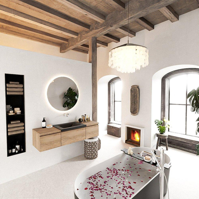 MONDIAZ BUKLA 140cm badmeubel met module 40 kleur Washed Oak met 3 lades. Wastafel CLOUD midden 0 kraangaten kleur Urban.