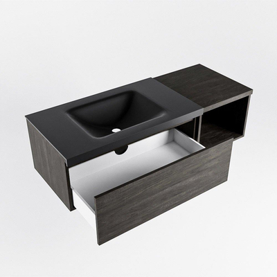 MONDIAZ BUKLA 120cm badmeubel met open module 40 kleur Dark Brown met 1 lade. Wastafel CLOUD links 1 kraangat kleur Urban.