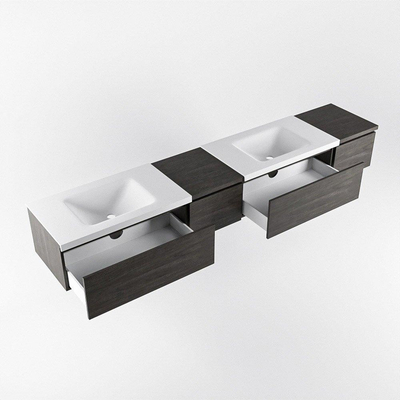 MONDIAZ BUKLA 240cm badmeubel met module 40 links kleur Dark Brown met 4 lades. Wastafel CLOUD dubbel 0 kraangaten kleur Talc.