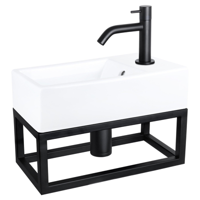 Differnz Force fonteinset - 40x22x11.5cm - Rechthoek - 1 kraangat - Gebogen matte zwarte kraan - met zwart frame - Keramiek Wit
