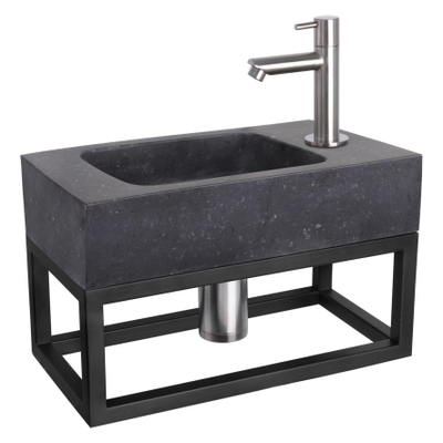 Differnz Bombai fonteinset - 40x22x9cm - Rechthoek - 1 kraangat - Recht matte chromen kraan - met zwart frame - Natuursteen Zwart