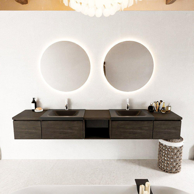 MONDIAZ BUKLA 240cm badmeubel met open module 40 midden kleur Dark Brown met 4 lades. Wastafel CLOUD dubbel 2 kraangaten kleur Urban.