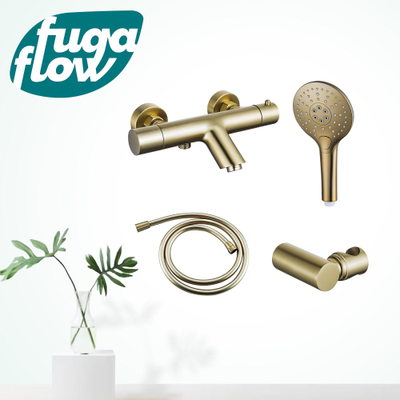 FugaFlow Eccelente Sobrado Badkamer Thermostatische badkraan met ronde handdouche, handdouchehouder en gladde doucheslang Geborsteld Messing PVD