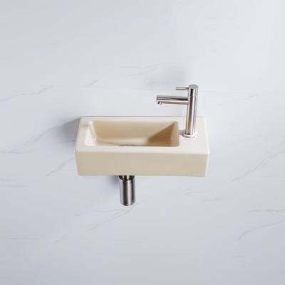 QeramiQ Fuente Fonteinset - 37.5x18.5x9cm - keramiek - kraangat rechts - fonteinkraan geborsteld RVS - afvoerplug - verlaagd sifon - Mat Beige