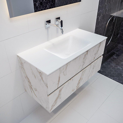 MONDIAZ VICA Badkamermeubelset - 100cm - 2 lades - wasbak Cloud midden - 0 kraangaten - solid surface carrara marmer