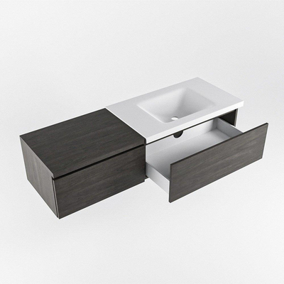 MONDIAZ BUKLA 140cm badmeubel met module 60 kleur Dark Brown met 2 lades. Wastafel CLOUD rechts 0 kraangaten kleur Talc.