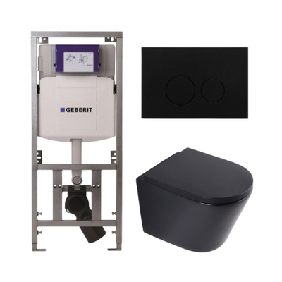 QeramiQ Dely Toiletset - 36.3x51.7cm - diepspoel - rimless - Geberit UP320 inbouwreservoir - softclose toilet zitting 35 mm - metaal mat zwarte bedieningsplaat - ronde knoppen - mat zwart