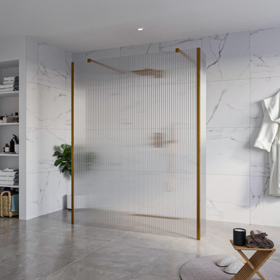 FugaFlow Eccelente Vetro Vrijstaande inloopdouche badkamer - 160x200cm - Helder geribbeld - antikalk - 8mm veiligheidsglas - 2 zijwanden 30cm - met wandarmen en hoekprofielen - Koper geborsteld -