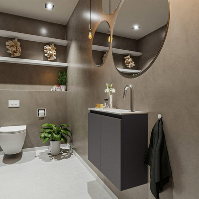 MONDIAZ TURE Fonteinset - 60x23x50cm - 1 kraangat - 2 deuren - darkgrey mat - Wasbak rechts - Solid Surface Wit