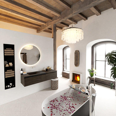 MONDIAZ BUKLA 140cm badmeubel met module 60 kleur Dark Brown met 2 lades. Wastafel CLOUD links 0 kraangaten kleur Urban.