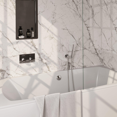 BRAUER Chrome Carving thermostatische inbouw badkraan - drukknoppen SET 03 - badvulcombinatie - staaf handdouche - doucheslang - wandaansluitbocht - chroom