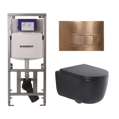 QeramiQ Dely Swirl Toiletset - 36.3x51.7cm - Geberit UP320 Burda inbouwreservoir - 35mm zitting - koperen bedieningsplaat - rechthoekige knoppen - mat zwart