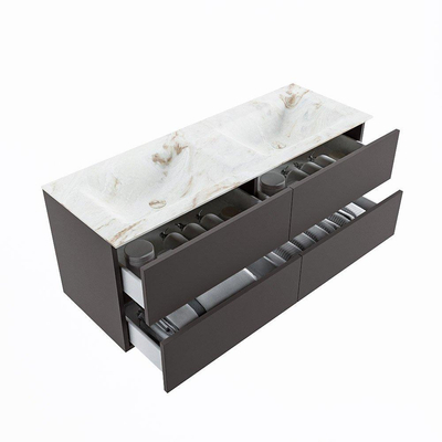 MONDIAZ VICA-DLUX Badkamermeubelset - 130cm - onderkast dark grey - 4 lades - inbouw wastafel cloud dubbel - zonder kraangaten - 60cm hoge versie - frape