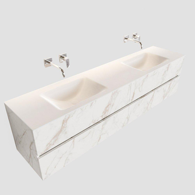 MONDIAZ VICA Badkamermeubelset - 200cm - 4 lades - wasbak Cloud dubbel - 0 kraangaten - solid surface carrara marmer