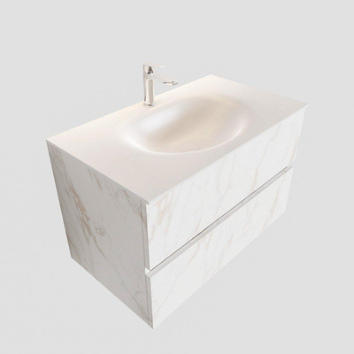 MONDIAZ VICA Badkamermeubelset - 80cm - 2 lades - wasbak Moon midden - 1 kraangat - solid surface carrara marmer