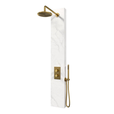BRAUER Gold Edition thermostatisch douchepaneel - 2 functies - calacatta gold SET 01 - 20cm hoofddouche - gebogen muurarm - staaf handdouche - wandaansluitbocht - doucheslang - goud geborsteld PVD