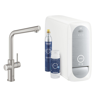 GROHE Blue Home 1-gats keukenkraan met duo L-uitloop starterkit met WiFi bluetooth Chilled & Sparkling 3x gekoeld + 3x bruisend water supersteel