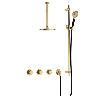 Hotbath Cobber IBS70 complete thermostatische douche inbouwset met 2 stopkranen met 30cm plafondarm 20cm ronde hoofddouche 3 standen ronde handdouche met glijstang messing gepolijst TWEEDEKANS