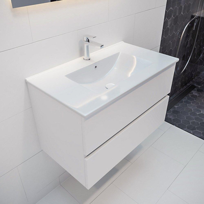 MONDIAZ VICA Badkamermeubelset - 80cm - 2 lades - wasbak Denia midden - 1 kraangat - solid surface talc