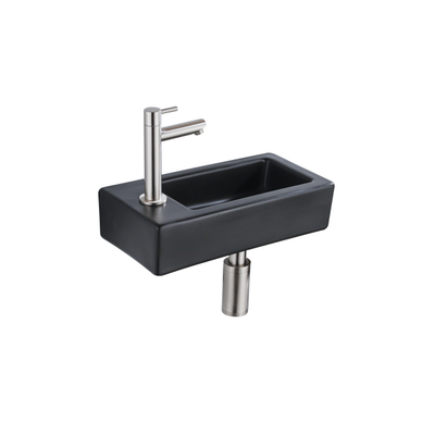 QeramiQ Fuente Fonteinset - 37.5x18.5x9cm - keramiek - kraangat links - fonteinkraan geborsteld RVS - afvoerplug - verlaagd sifon - Mat Zwart