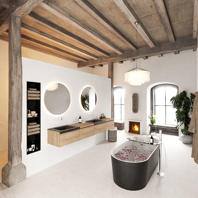 MONDIAZ BUKLA 240cm badmeubel met module 60 rechts kleur Washed Oak met 4 lades. Wastafel CLOUD dubbel 0 kraangaten kleur Urban.