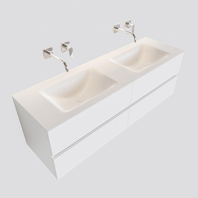 MONDIAZ VICA Badkamermeubelset - 150cm - 4 lades - wasbak Cloud dubbel - 0 kraangaten - solid surface talc