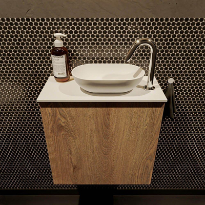Mondiaz Fowy Toiletmeubel - 50x50x23cm - washed oak mat - 1 kraangat - wasbak rechts - 1 deur - solid surface - blad Melamine - wasbak: wit